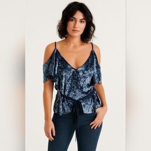 Velvet Blue Cut Out Shoulder Blouse with belt